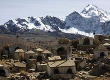 Cemetery of the Aymara, with graves dating back to the 1700s, backed by Chacaltaya Peak.